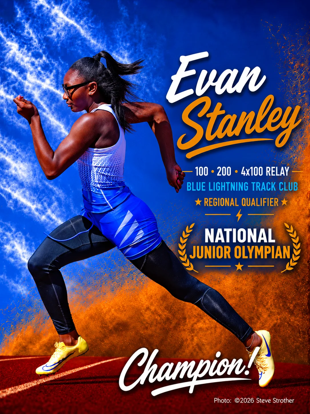 Blue Lightning National Junior Olympian Evan Stanley featured for the 100m, 200m and 4x100 relay